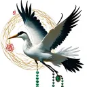 chinese crane flying, transition to dove, jade necklace intertwined with a rosary.  wind slashes added, as well as light tattoo design idea