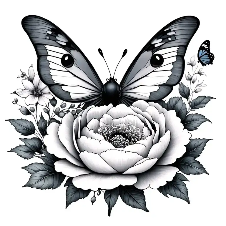 little stitch and peonie and butterfly tattoo design idea