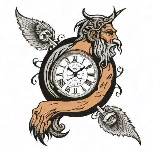 clock with eye inside with greek god holding it up on shoulders tattoo design idea