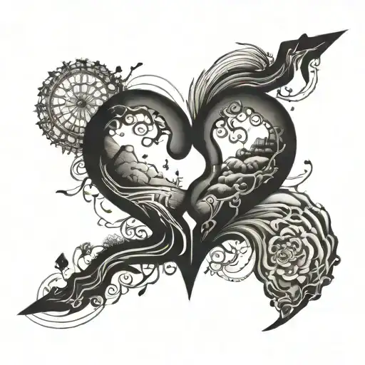 Two halves of a heart connected by a winding road, symbolizing the journey of a long distance relationship tattoo design idea