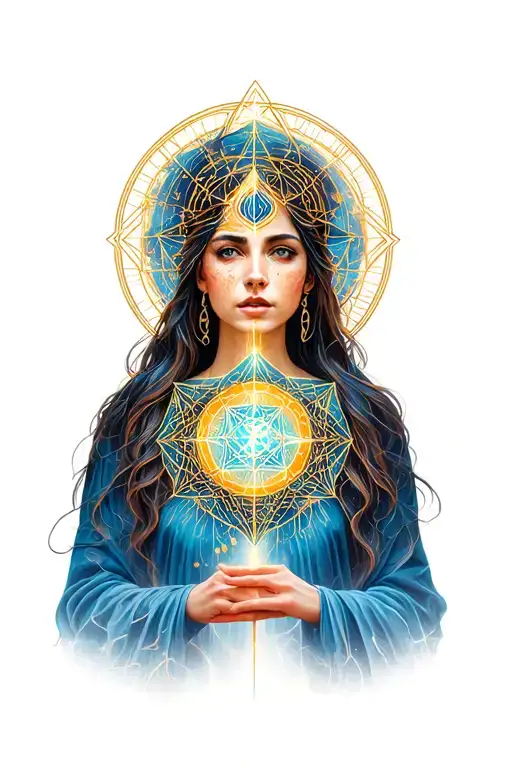 woman spired by sacred geometry and ancient symbols, with a hidden message of universal love and spiritual enlightenment tattoo design idea