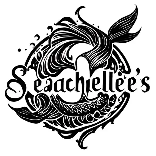 "Seachelle’s" mermaid swimming around the word Seachelle's tattoo design idea