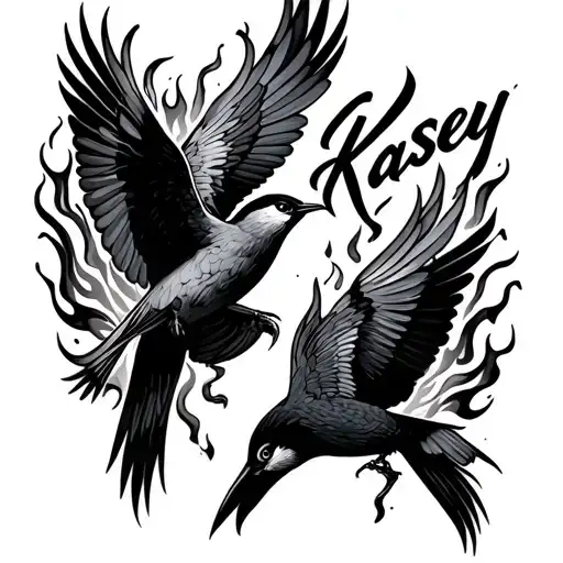 "Kasey" two traditional swallow birds, male and female. the male is surrounded in flames falling to the earth. as she try's to  tattoo design idea