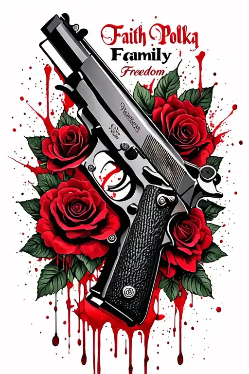 1911 gun with blood dripping roses and the words above, Faith Family Freedom. tattoo design idea