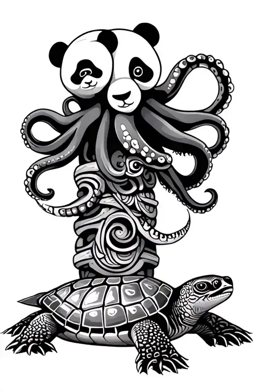 Hawaiian tribal totem pole, sea turtle base, panda center, octopus on top. tattoo design idea