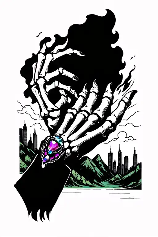 Listen a burning city in the background with a path to green mountains/ peace then a skeleton hand holding jewels  tattoo design idea