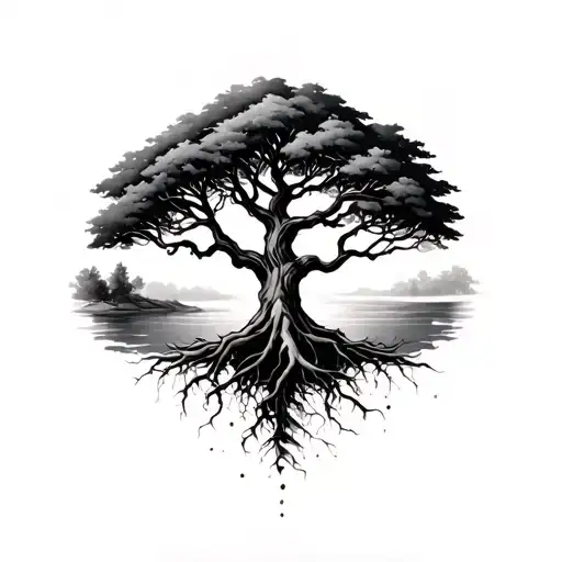 Carl jung, tree with roots reaching deep tattoo design idea