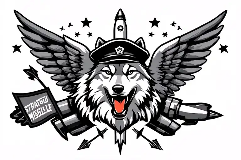 A wolf in a black beret with a cockade, stars in the background, a large rocket with arrows on the sides and a shield and sides, wings below, Strategic Missile Forces tattoo design idea