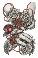 red string  of fate, with flowers and hands tattoo design idea