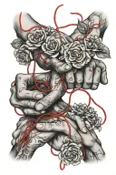 red string  of fate, with flowers and hands tattoo design idea