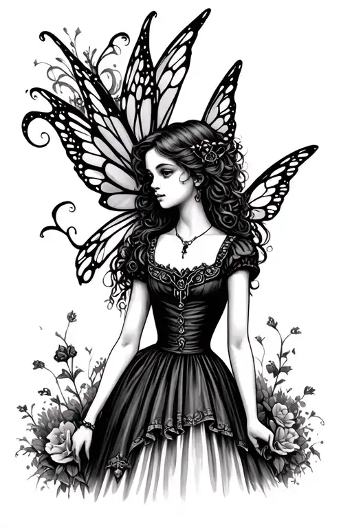 gothic alice in wonderland with fairy wings tattoo design idea