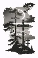 3 crosses in nature on a hill, with light shining behind  tattoo design idea
