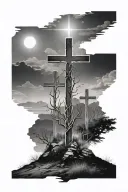 3 crosses in nature on a hill, with light shining behind  tattoo design idea