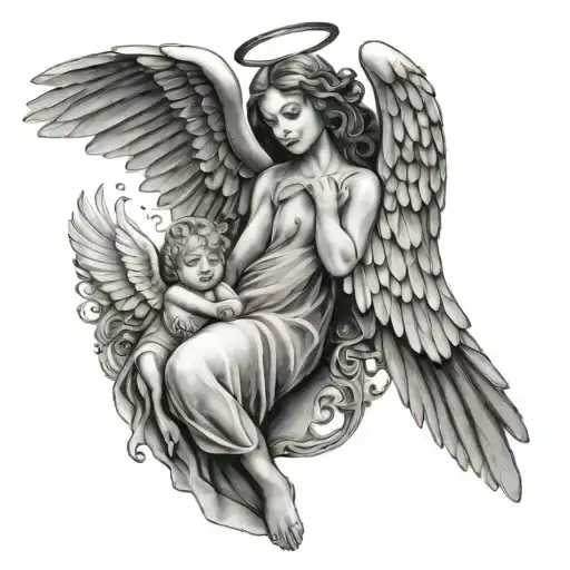 angel with wings and baby dove tattoo design idea