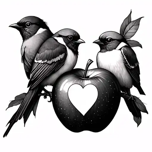 3 birds and 1 apple with a heart tattoo design idea