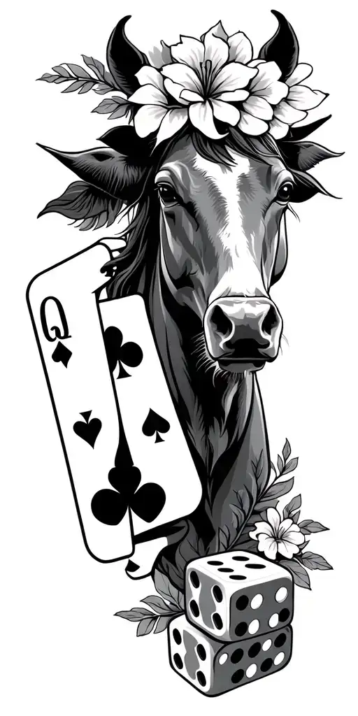 western tooling, cards, aces, dice, Vegas theme, with flowers, a horse head, the state of Florida, a blank cow tag,  tattoo design idea
