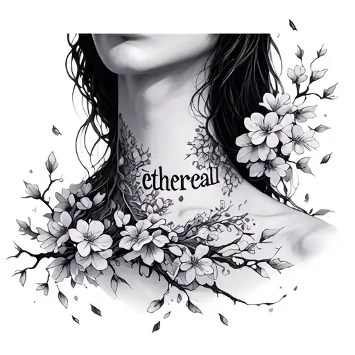 ethereal on neck with cherry blossom pedals falling off around the word  tattoo design idea