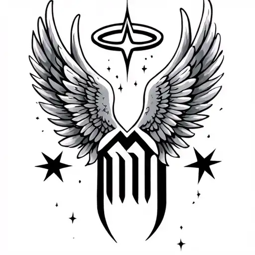 a pair of wings, halo, cursive letter m and shooting star tattoo design idea