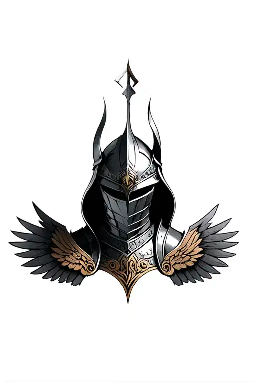 The head of the knight in armor with wings and patterns tattoo design idea