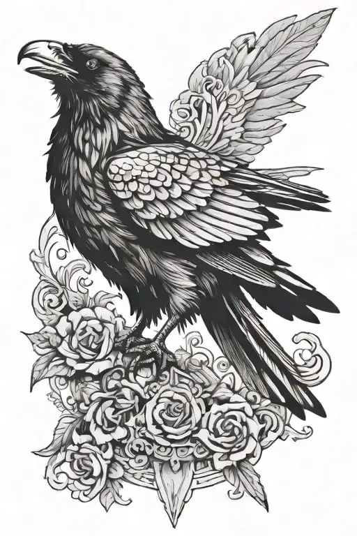Drawing of dark evil  raven with half spread wings viewed from front tattoo design idea