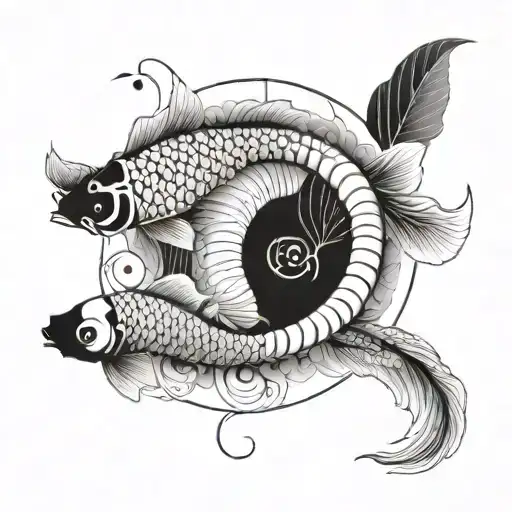 fine black line with a fibonacci spiral in the middle and two koi fishes around tattoo design idea
