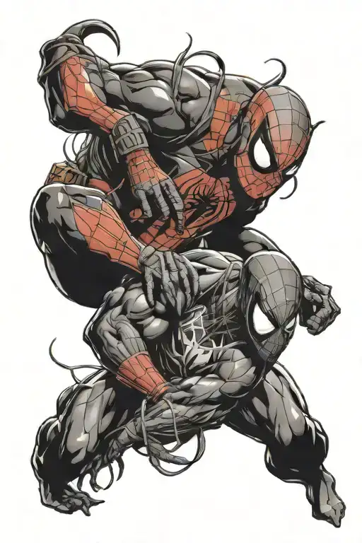 Spiderman holding onto deadpool holding onto Venom tattoo design idea