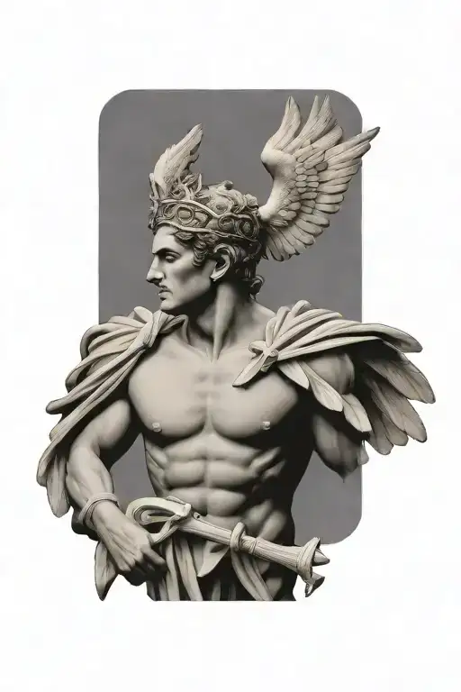 Hermes messenger god, winged crown, greek art, Greek symbolism, greek consolations star background tattoo design idea