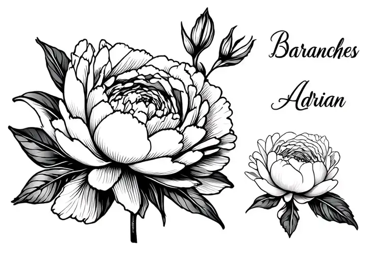 peony flowers black and white with names as baranches, names are Karlos, Adrian And Kariana. Minimalist Tatoo tattoo design idea