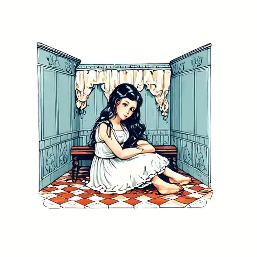 small girl sitting in a corner all alone. tile floor tattoo design idea