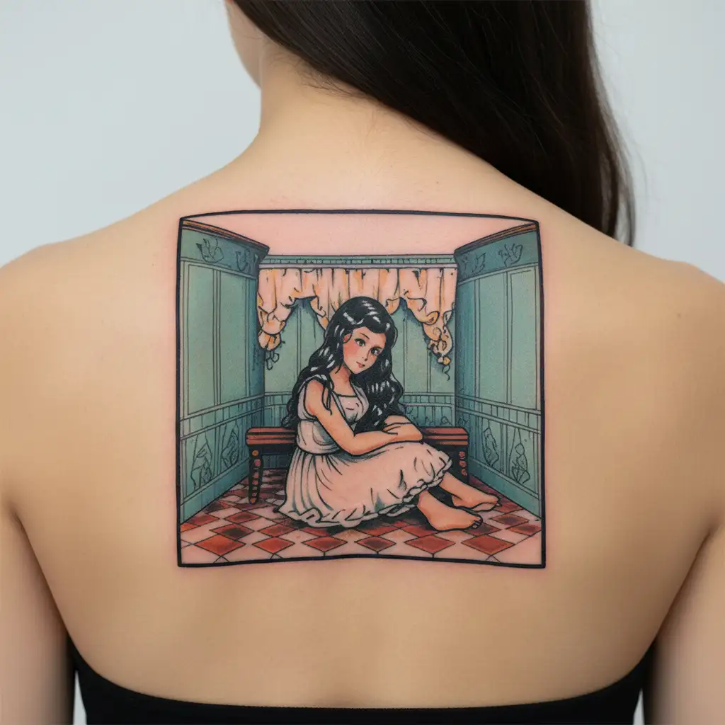 small girl sitting in a corner all alone. tile floor tattoo design idea