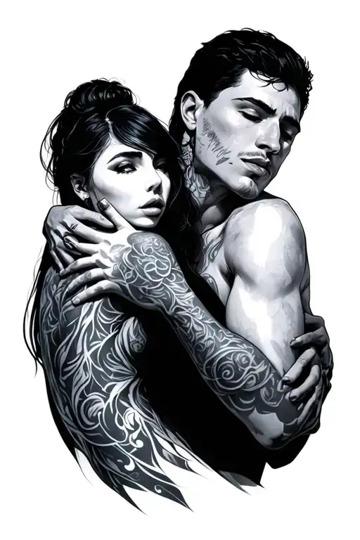 woman with man behind her holding her throat tattoo design idea
