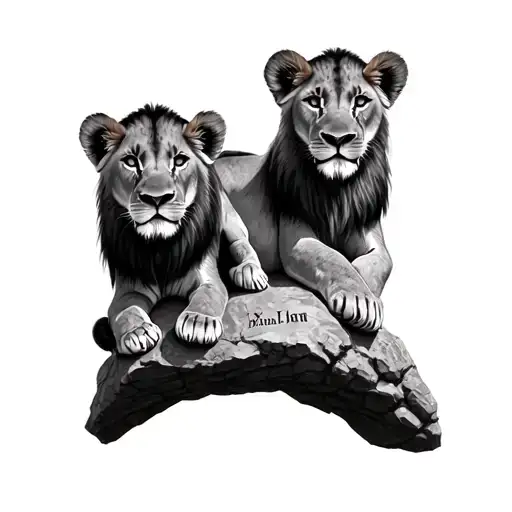 3 realistic lion cubs, each laying on a stone with names through the rock tattoo design idea