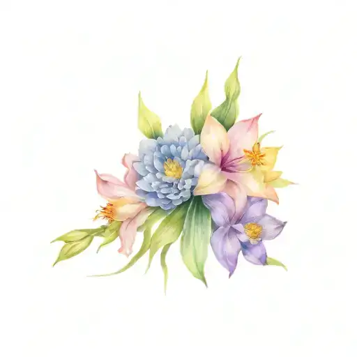 arrangement of daffodil, jonquil, water lily, chrysanthemum, gladiolus, violet, aster tattoo design idea