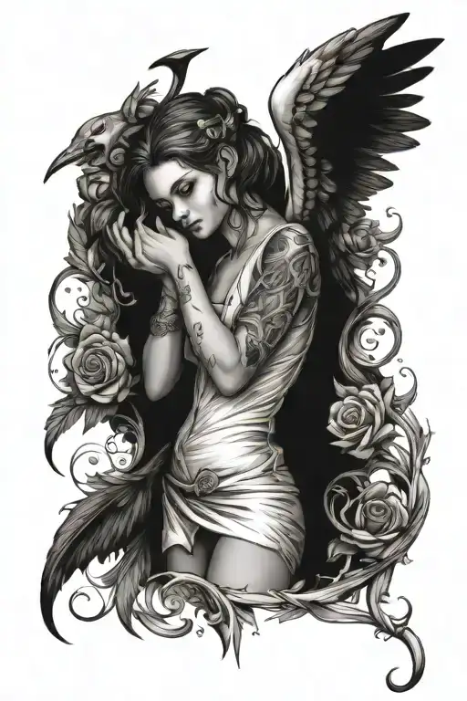 I want a cupid, fightinga half angel half demon girl  tattoo design idea