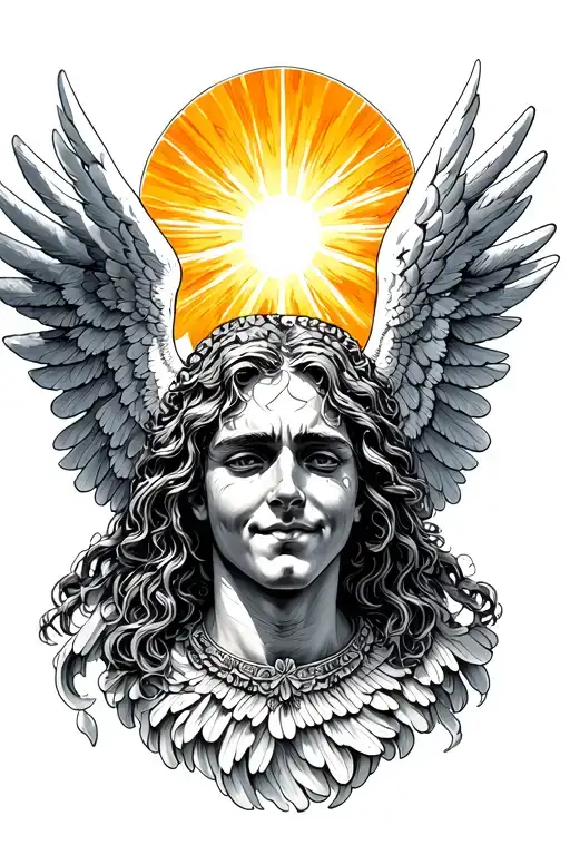 Icarus falling angel sad face but smiling sun surrounded tattoo design idea