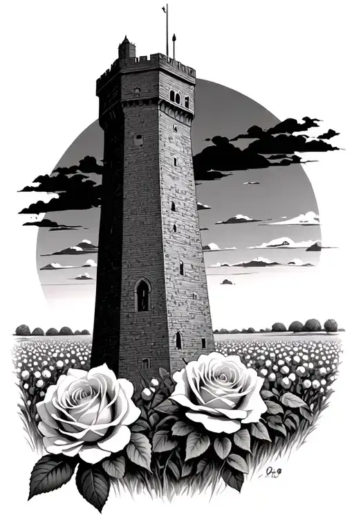  the dark tower in a field of roses at sunset tattoo design idea