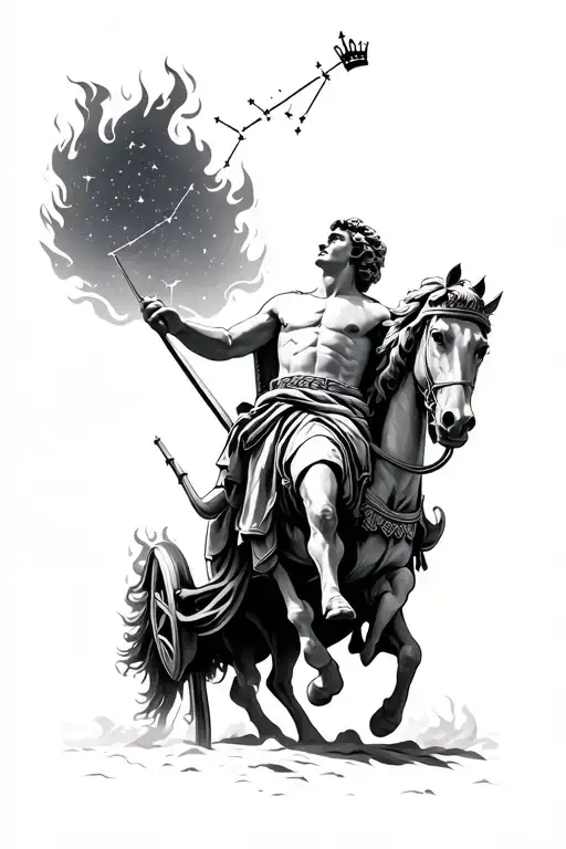 Alexander the Great on a flaming chariot looking up at the sky and seeing a constellation of a crown  tattoo design idea