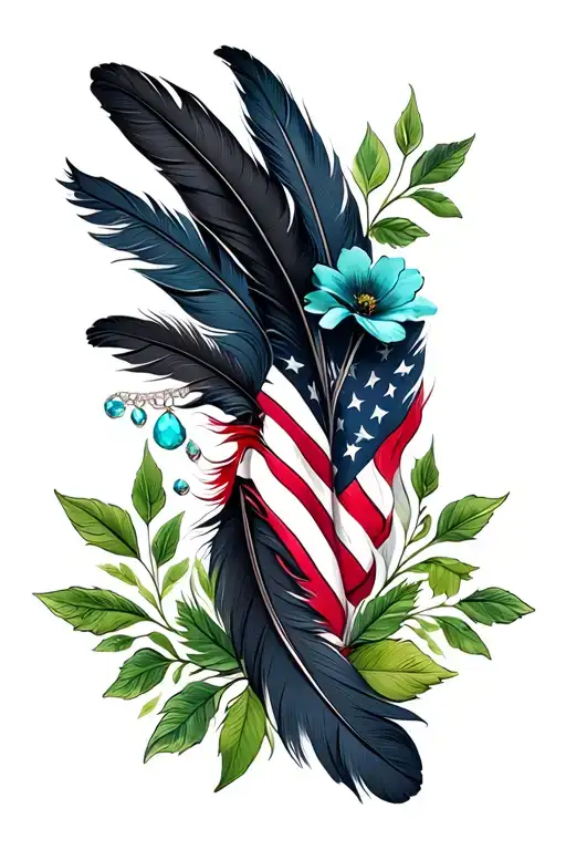 black feathers, american flag, green leaves, turquoise jewelry, western flowers, scrolled leather tattoo design idea