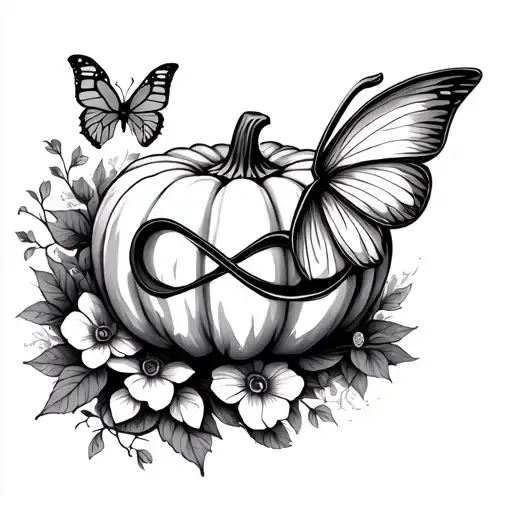 delicate ornamental infinity symbol with pretty pumpkin and butterfly, not carved pumpkin tattoo design idea
