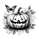 delicate ornamental infinity symbol with pretty pumpkin and butterfly, not carved pumpkin tattoo design idea