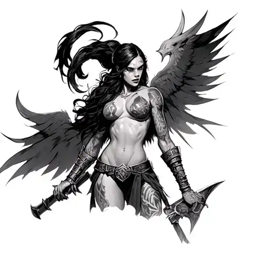 rage, female warrior, germanic, anger, revenge , naked, large breast, animalistic tattoo design idea