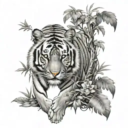 tiger on jungle with an owl in a tree tattoo design idea