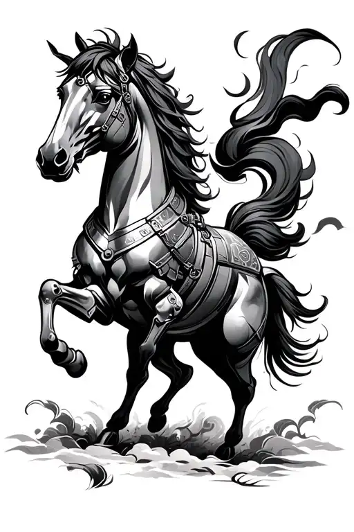 armored horse with front two legs up in japanese style tattoo design idea
