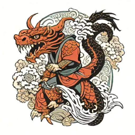 Dragon riding human in samurai mask with nature relief and tattoo design idea