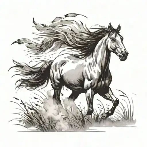 Horse running in field with a feather   tattoo design idea