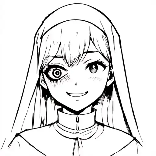 Anime girl with an aggressive smile winks with one eye in the guise of a nun tattoo design idea