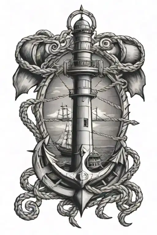 lighthouse anchor rope ship steering wheel tattoo design idea