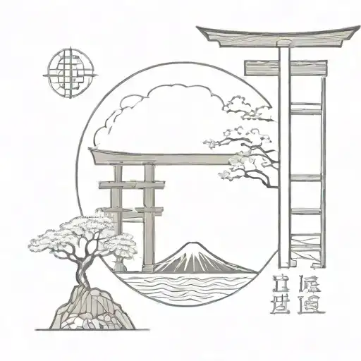 torii gate with mount fuji and shinto shrine  circle minimalistic tattoo design  tattoo design idea