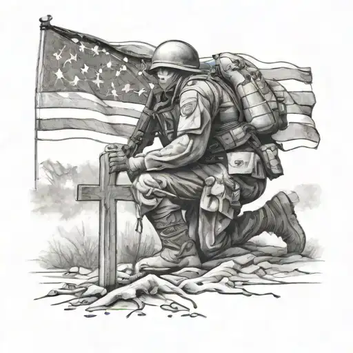 realistic soldier Standing for the flag, kneeling for the cross tattoo tattoo design idea