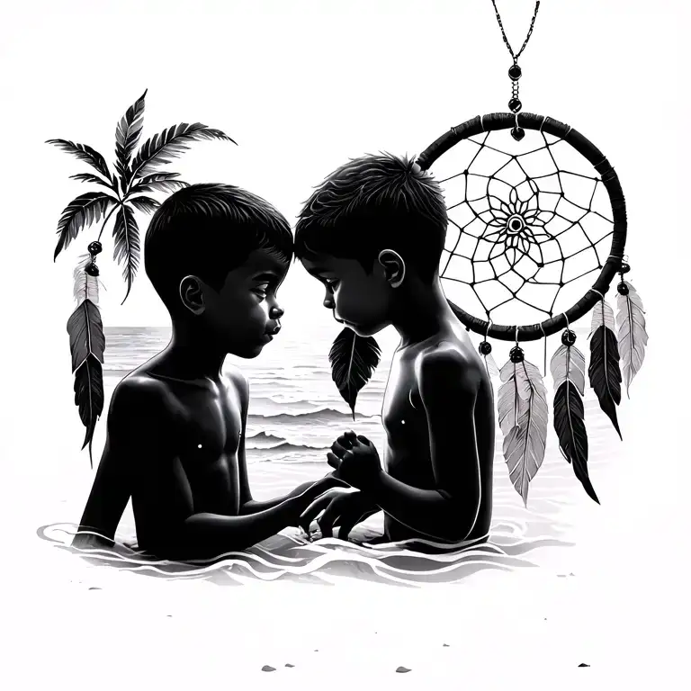 2 children boys (1 + smaller than the other) close to mother, on beach theme and background 1 dream catcher, fine minimalist lines tattoo design idea